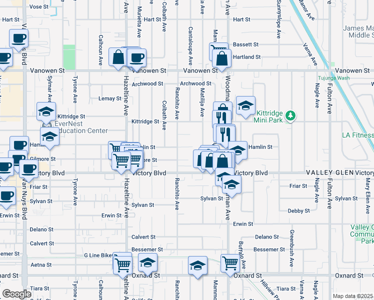 map of restaurants, bars, coffee shops, grocery stores, and more near 13842 Hamlin Street in Los Angeles