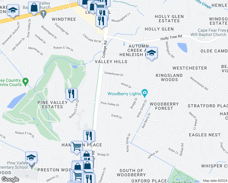 map of restaurants, bars, coffee shops, grocery stores, and more near 3223 Chalmers Drive in Wilmington