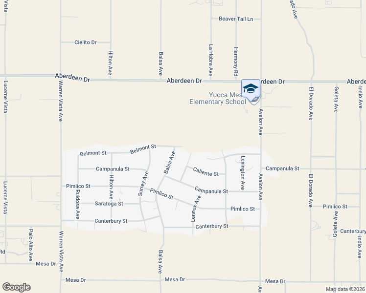 map of restaurants, bars, coffee shops, grocery stores, and more near 58755 Belmont Street in Yucca Valley