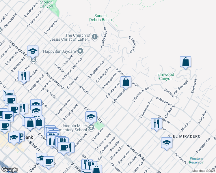 map of restaurants, bars, coffee shops, grocery stores, and more near 1018 East Verdugo Avenue in Burbank