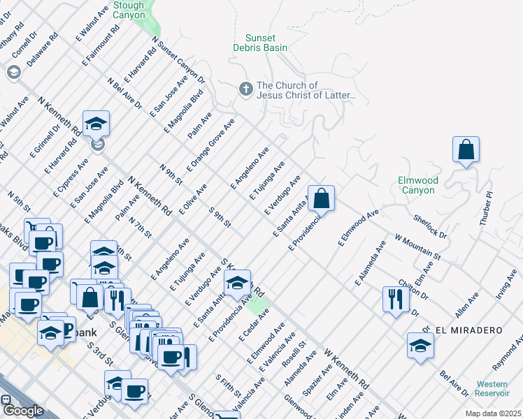 map of restaurants, bars, coffee shops, grocery stores, and more near 941 East Verdugo Avenue in Burbank
