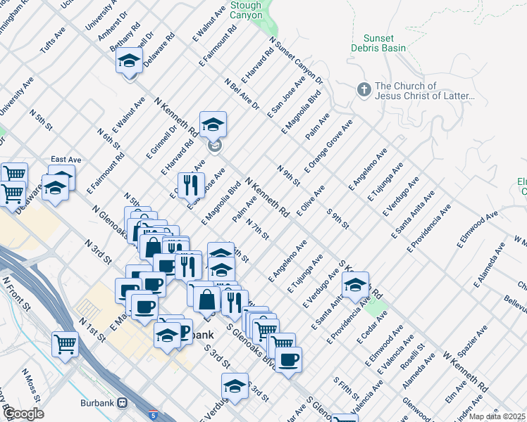 map of restaurants, bars, coffee shops, grocery stores, and more near 711 East Orange Grove Avenue in Burbank