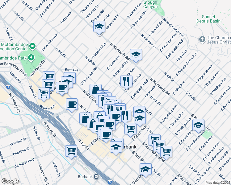 map of restaurants, bars, coffee shops, grocery stores, and more near 510 East Cypress Avenue in Burbank