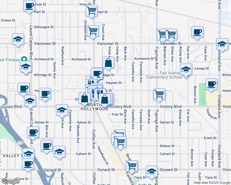 map of restaurants, bars, coffee shops, grocery stores, and more near 11601 Gilmore Street in Los Angeles