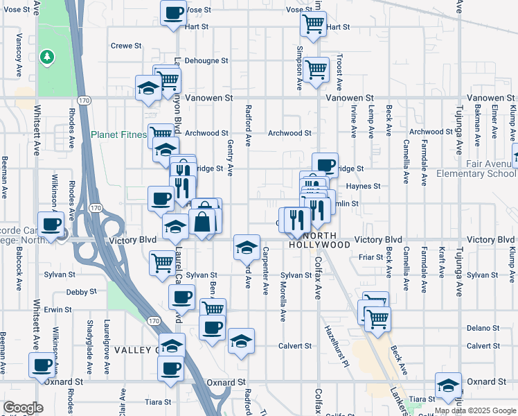 map of restaurants, bars, coffee shops, grocery stores, and more near 6440 Radford Avenue in Los Angeles