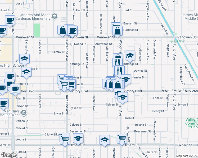 map of restaurants, bars, coffee shops, grocery stores, and more near 13859 Gilmore Street in Los Angeles
