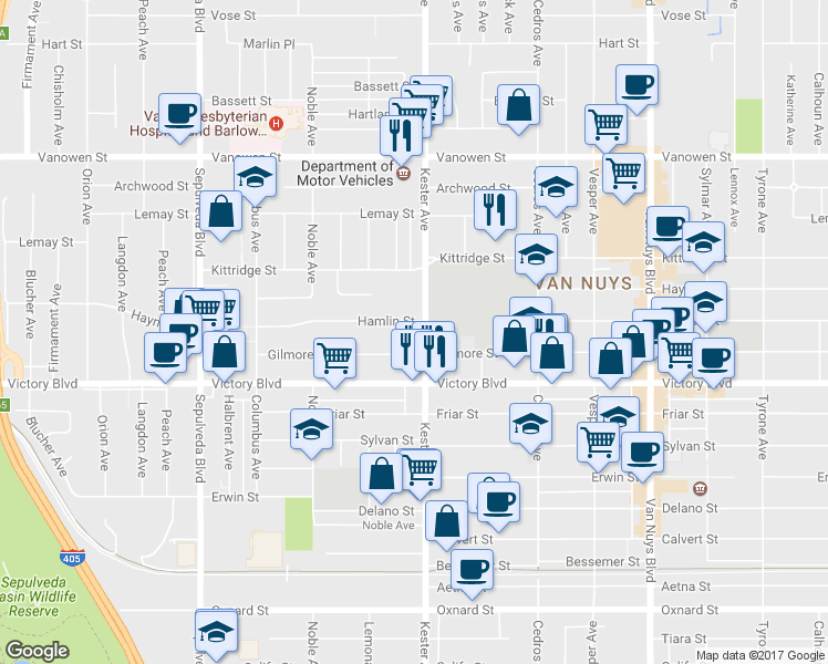 map of restaurants, bars, coffee shops, grocery stores, and more near 6461 Kester Avenue in Los Angeles