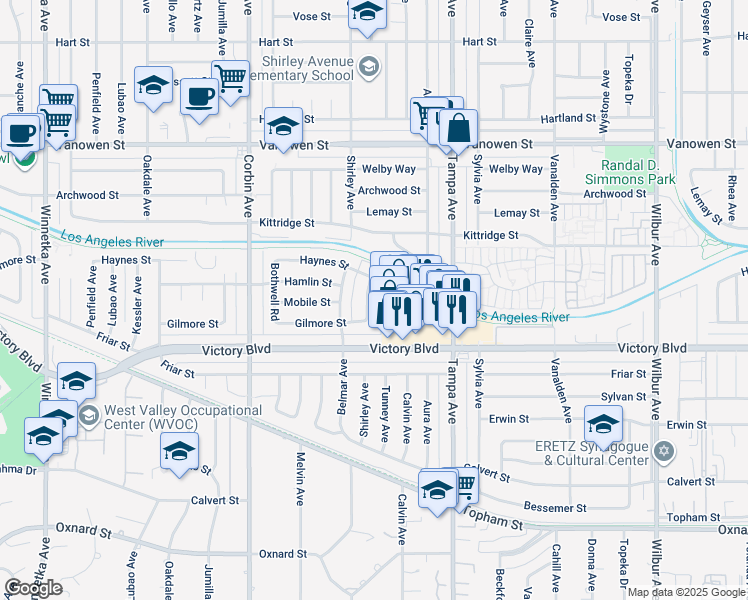 map of restaurants, bars, coffee shops, grocery stores, and more near 6452 Shirley Avenue in Los Angeles