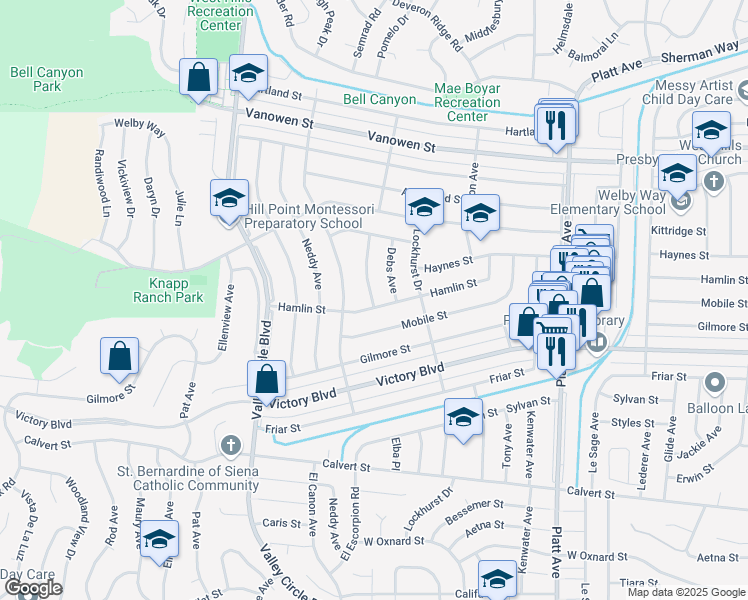 map of restaurants, bars, coffee shops, grocery stores, and more near 24115 Hamlin Street in Los Angeles
