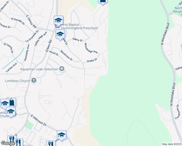 map of restaurants, bars, coffee shops, grocery stores, and more near 2485 Bascom Court in Thousand Oaks