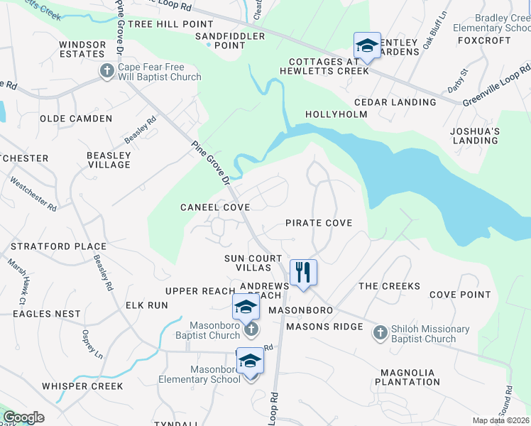 map of restaurants, bars, coffee shops, grocery stores, and more near 6598 Teaticket Way in Wilmington