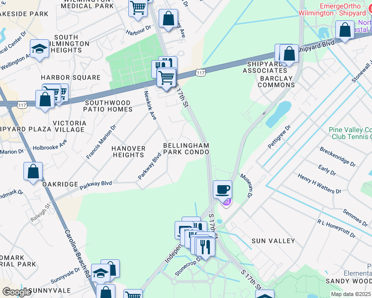map of restaurants, bars, coffee shops, grocery stores, and more near 2820 Bloomfield Lane in Wilmington
