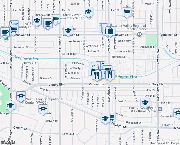 map of restaurants, bars, coffee shops, grocery stores, and more near 6452 Shirley Avenue in Los Angeles