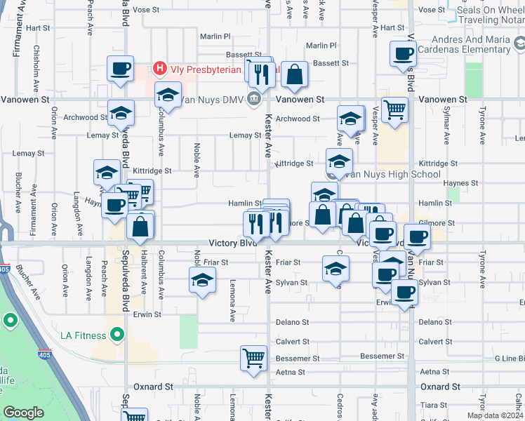 map of restaurants, bars, coffee shops, grocery stores, and more near 14914 Hamlin Street in Los Angeles