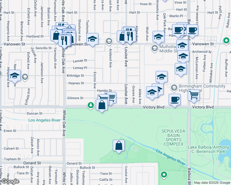 map of restaurants, bars, coffee shops, grocery stores, and more near 17340 Hamlin Street in Los Angeles