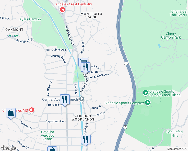 map of restaurants, bars, coffee shops, grocery stores, and more near 1829 Los Encinos Avenue in Glendale