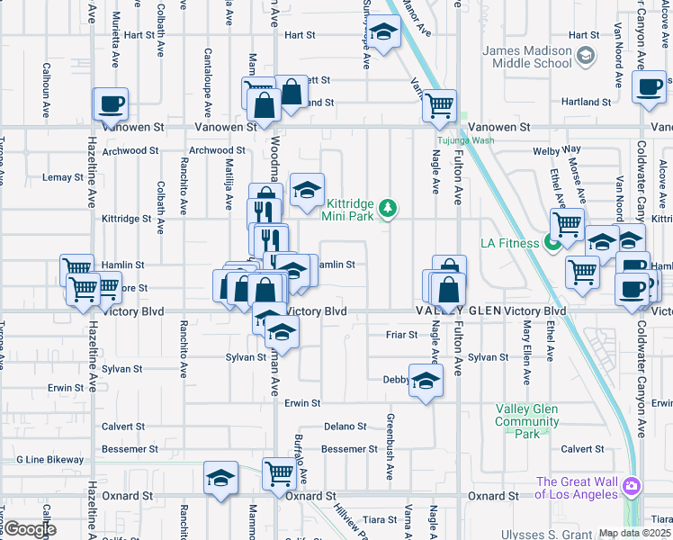 map of restaurants, bars, coffee shops, grocery stores, and more near 13540 Hamlin Street in Los Angeles