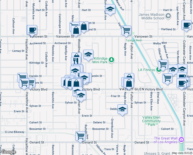 map of restaurants, bars, coffee shops, grocery stores, and more near 13540 Hamlin Street in Los Angeles