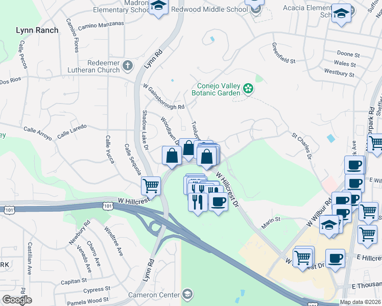 map of restaurants, bars, coffee shops, grocery stores, and more near 690 Tennis Club Lane in Thousand Oaks