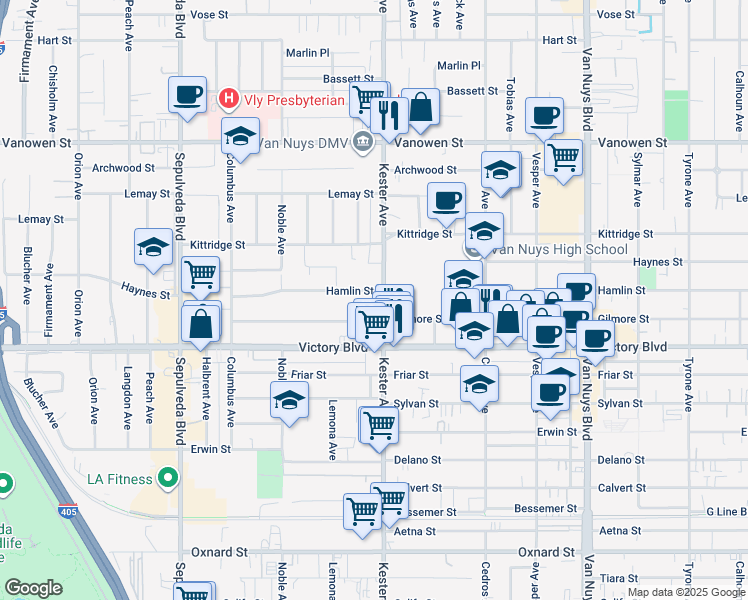 map of restaurants, bars, coffee shops, grocery stores, and more near 14914 Hamlin Street in Los Angeles