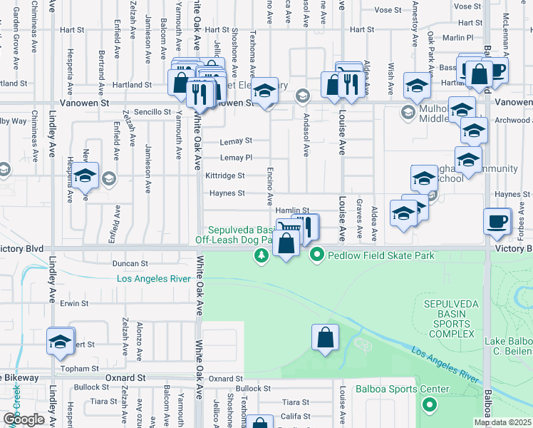 map of restaurants, bars, coffee shops, grocery stores, and more near 17500 Hamlin Street in Los Angeles