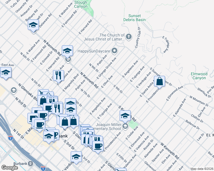 map of restaurants, bars, coffee shops, grocery stores, and more near 826 East Olive Avenue in Burbank