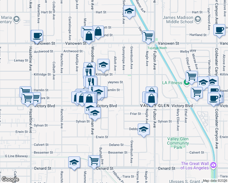 map of restaurants, bars, coffee shops, grocery stores, and more near 13531 Gilmore Street in Los Angeles