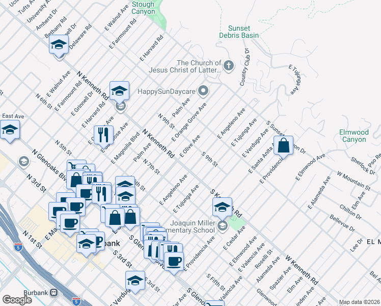 map of restaurants, bars, coffee shops, grocery stores, and more near 826 East Olive Avenue in Burbank