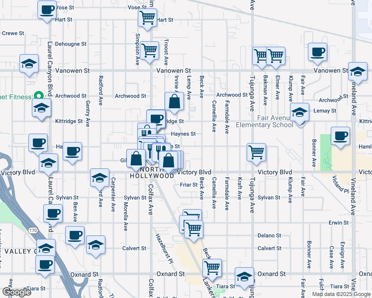map of restaurants, bars, coffee shops, grocery stores, and more near 11606 Hamlin Street in Los Angeles