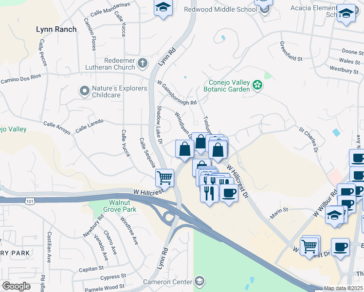 map of restaurants, bars, coffee shops, grocery stores, and more near 532 Racquet Club Lane in Thousand Oaks