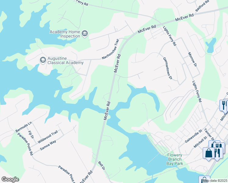 map of restaurants, bars, coffee shops, grocery stores, and more near 6026 McEver Road in Flowery Branch