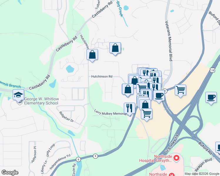 map of restaurants, bars, coffee shops, grocery stores, and more near 3621 Hutchinson Trace Drive in Cumming