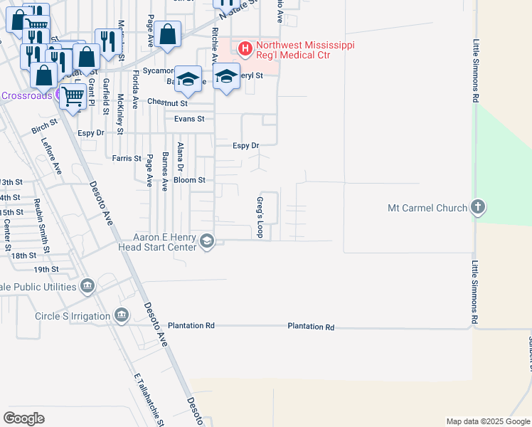 map of restaurants, bars, coffee shops, grocery stores, and more near 905 Sasse Street in Clarksdale
