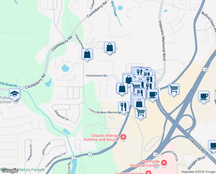 map of restaurants, bars, coffee shops, grocery stores, and more near 3615 Hutchinson Trace Drive in Cumming