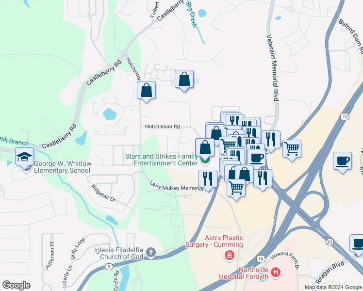 map of restaurants, bars, coffee shops, grocery stores, and more near 3615 Hutchinson Trace Drive in Cumming