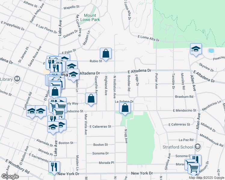 map of restaurants, bars, coffee shops, grocery stores, and more near 2469 North Holliston Avenue in Altadena