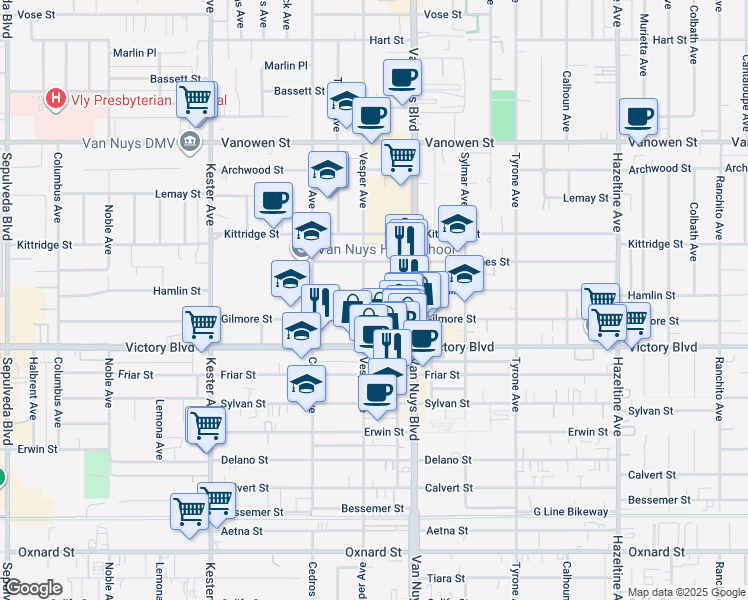map of restaurants, bars, coffee shops, grocery stores, and more near 14541 Gilmore Street in Los Angeles