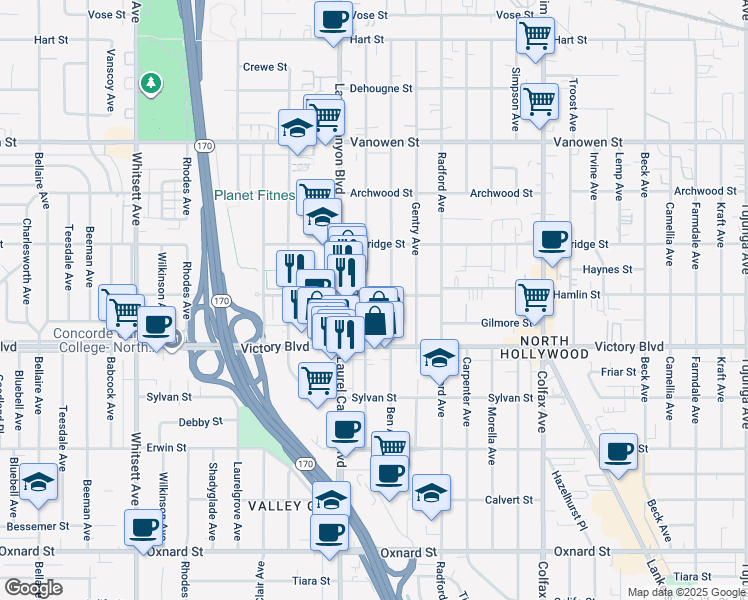 map of restaurants, bars, coffee shops, grocery stores, and more near 12020 Hamlin Street in Los Angeles