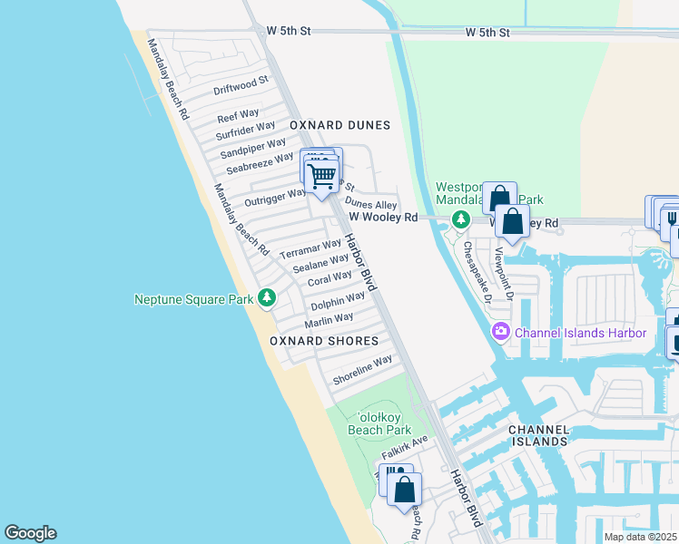 map of restaurants, bars, coffee shops, grocery stores, and more near 4941 Coral Way in Oxnard
