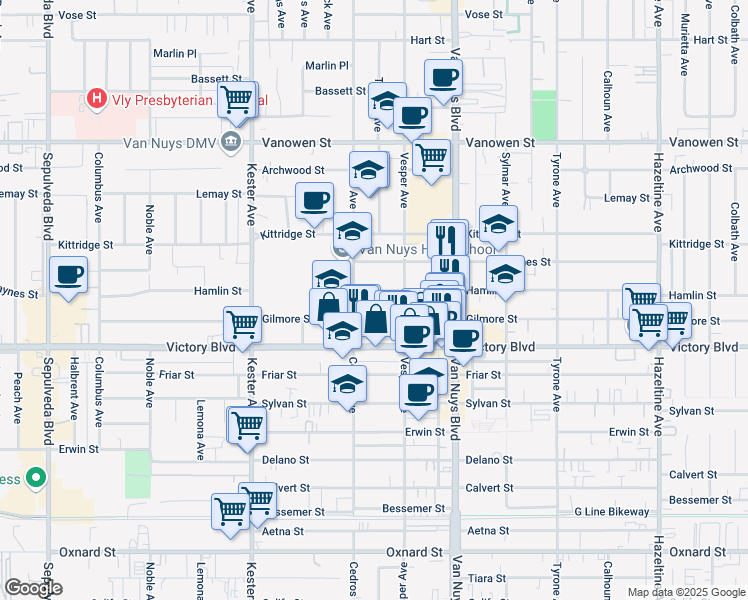 map of restaurants, bars, coffee shops, grocery stores, and more near 14629 Gilmore Street in Los Angeles