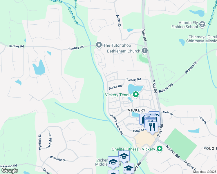 map of restaurants, bars, coffee shops, grocery stores, and more near 6805 Bucks Road in Cumming