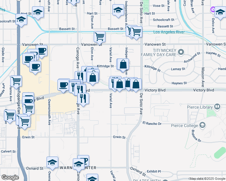 map of restaurants, bars, coffee shops, grocery stores, and more near 6428 Variel Avenue in Los Angeles