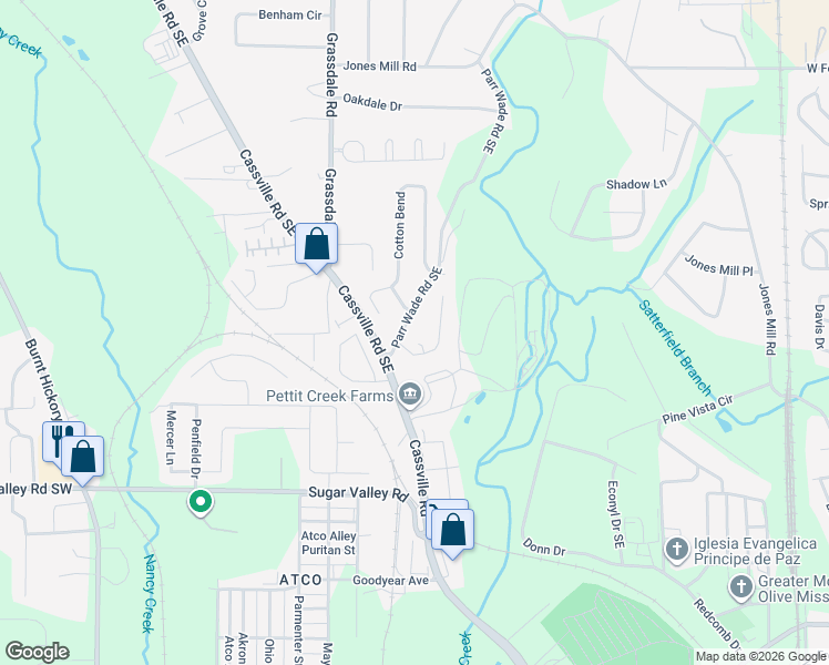 map of restaurants, bars, coffee shops, grocery stores, and more near 23 Wesley Trce Southeast in Cartersville