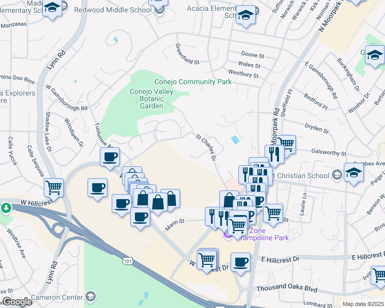 map of restaurants, bars, coffee shops, grocery stores, and more near 885 Saint Charles Drive in Thousand Oaks
