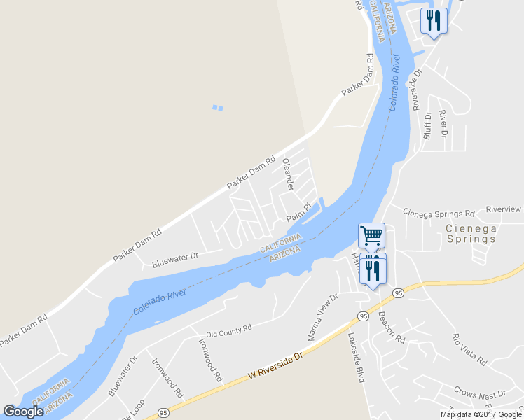 map of restaurants, bars, coffee shops, grocery stores, and more near Parker Dam Road in Earp