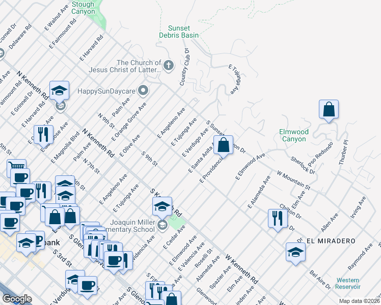 map of restaurants, bars, coffee shops, grocery stores, and more near 1018 East Verdugo Avenue in Burbank