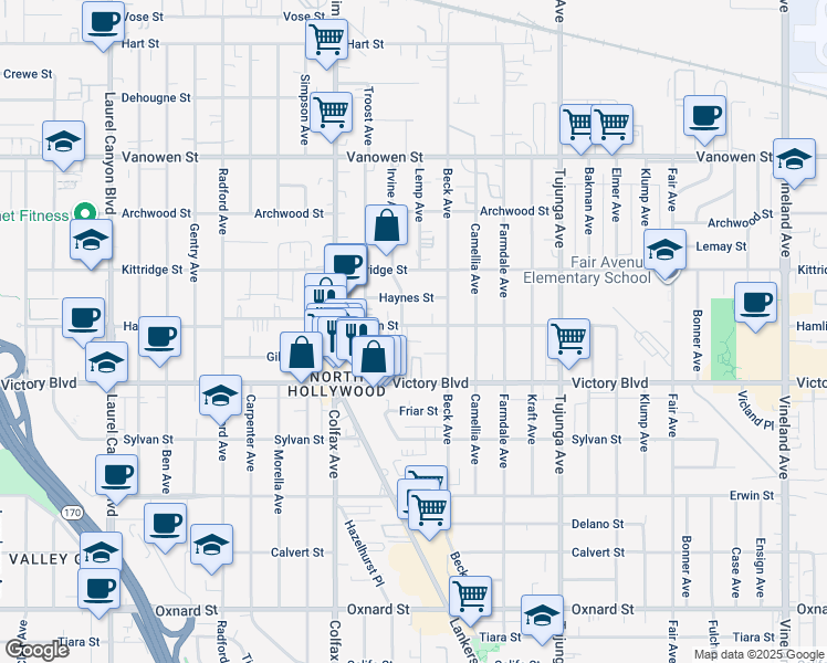 map of restaurants, bars, coffee shops, grocery stores, and more near 11606 Hamlin Street in Los Angeles