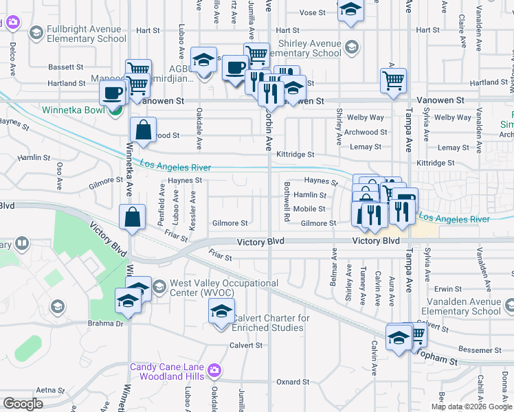 map of restaurants, bars, coffee shops, grocery stores, and more near 6500 Jumilla Avenue in Los Angeles