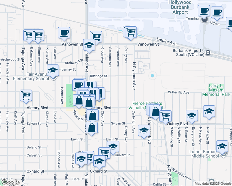 map of restaurants, bars, coffee shops, grocery stores, and more near 6441 Riverton Avenue in Los Angeles