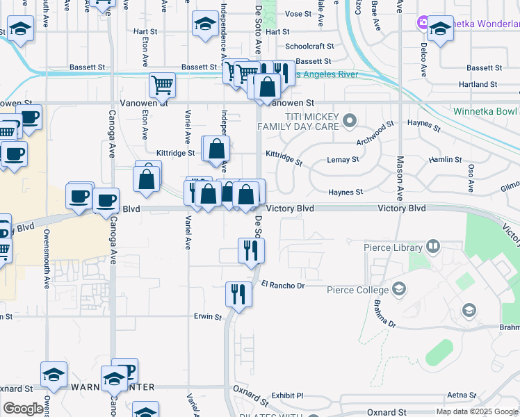 map of restaurants, bars, coffee shops, grocery stores, and more near Victory Blvd & De Soto Ave in Los Angeles